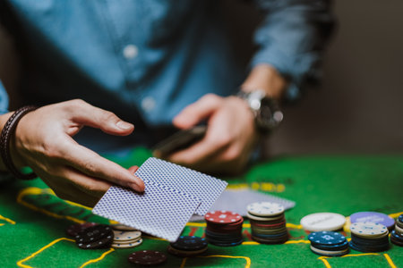 Croupier holds playing cards, game chips on the table. Poker concept.