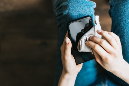 Cleaning the smartphone screen with a fiber cloth from dirt dust and other external factors. Mobile...
