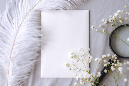 Spring composition, white blank paper, gypsophila flowers, magnifying glass and white feather on the gray fabric. Top view.の写真素材