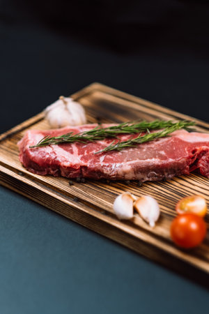 Raw meat beef steak, with ingredients for cooking on a wooden board and black background. Top view.