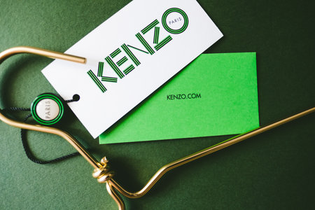 Kenzo logotype on green background, kenzo is fashion clothing store.