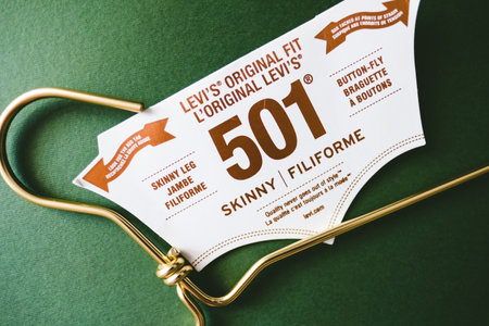 Closeup of Levis 501 label on green background. Levis Denim.のeditorial素材