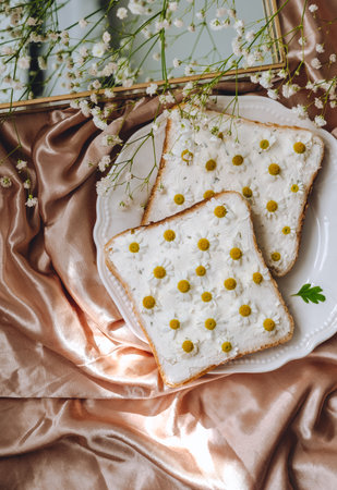 Spring composition, toast bread sandwich with chamomile flowers in a white plate, on a golden satin fabric with gypsophila flowersの写真素材