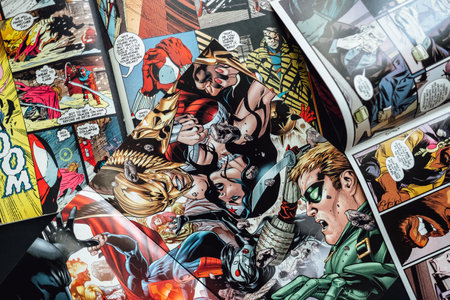 Marvel and DC comics. Open comic book, pages with heroes close up. background. High quality photoのeditorial素材