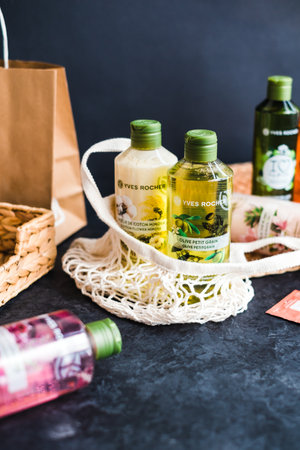 Natural shower gels by Yves Rocher company, product shot.