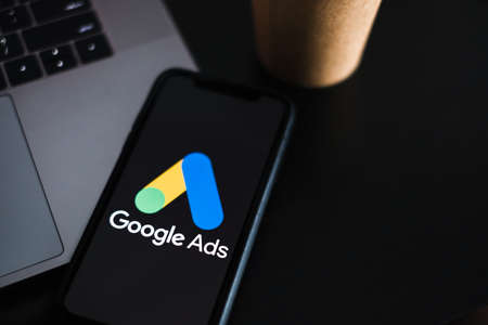 Google Ads logo on smartphone screen.のeditorial素材
