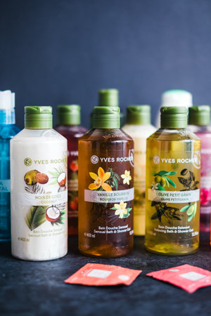 Natural shower gels by Yves Rocher company, product shot.のeditorial素材