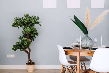 Served dining table in a modern Scandinavian kitchen with house plant and white frames on the wall.の写真素材