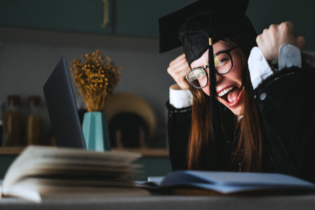 Happy young caucasian woman celebrating college graduation, sitting at front laptop at home during online conference.の写真素材