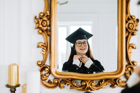 Young happy caucasian woman student prepare to celebrating college graduation ceremony.の写真素材