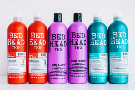 Tigi Bed Head shampoo bottles, hair care products on white background.のeditorial素材