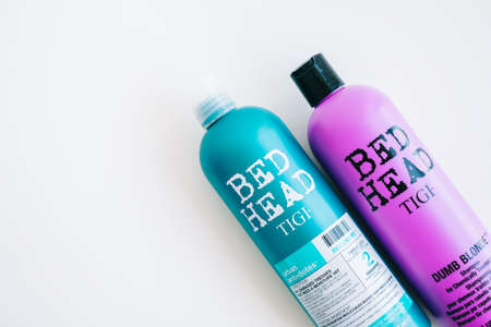Tigi Bed Head shampoo bottles, hair care products on white background.のeditorial素材