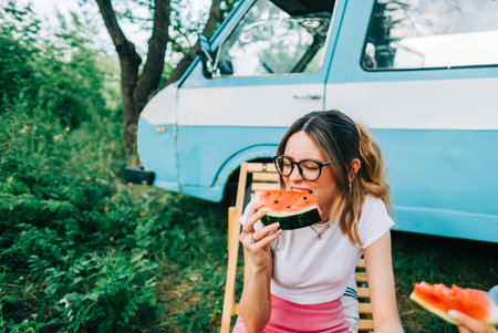 Young cheerful woman eating watermelon near van outdoors, summer traveling conceptの写真素材