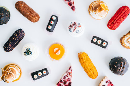 Assortment of confectionery, different types of cakes and desserts on the table.