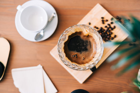 Alternative coffee brewing method, using pour over dripper and paper filter.の写真素材