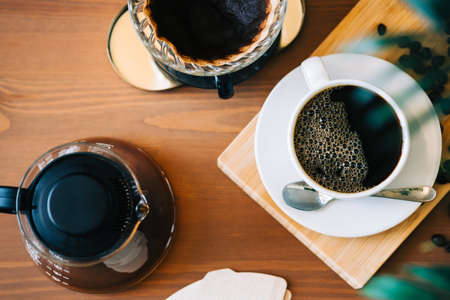 Alternative coffee brewing method, using pour over dripper and paper filter.の写真素材