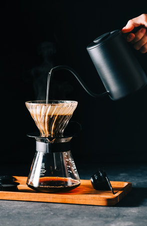 Alternative coffee brewing method, using pour over dripper and paper filter. Black backgroundの写真素材