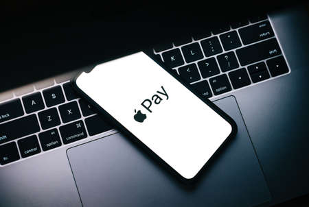 Apple Pay logo on smartphone screen.のeditorial素材