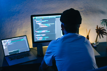 Young man mobile developer writes program code on a computer, programmer work in home office.の写真素材