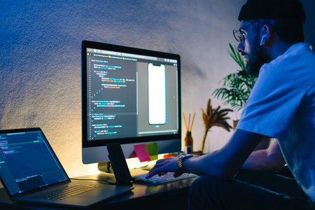 Young man mobile developer writes program code on a computer, programmer work in home office.の写真素材