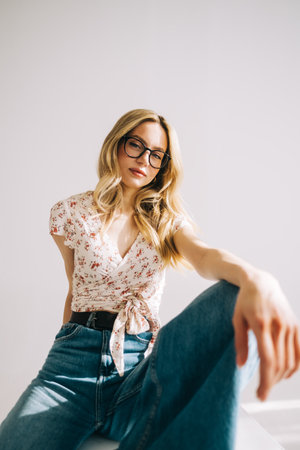 Portrait of attractive caucasian young woman in eyeglasses with blonde hair isolated on white background.の写真素材