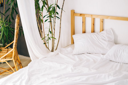Interior of bright bedroom in eco style with big bed and plants.の写真素材