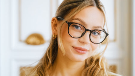 Portrait of happy smiling young attractive caucasian woman in eyeglasses looking on camera.の写真素材