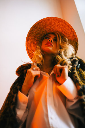 Portrait of attractive caucasian woman in a hat wearing fur coat and stylish outfit.