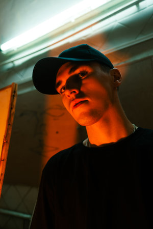 Portrait of stylish handsome caucasian man fashion model in t shirt and cap, in room with color neon lightning.の写真素材