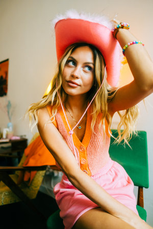 Portrait of attractive caucasian woman fashion model with blonde hair in pink cowboys hat , posingの写真素材
