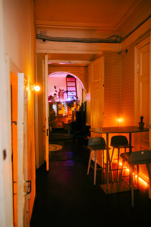 Interior of stylish cafe restaurant, empty table, no people.の写真素材