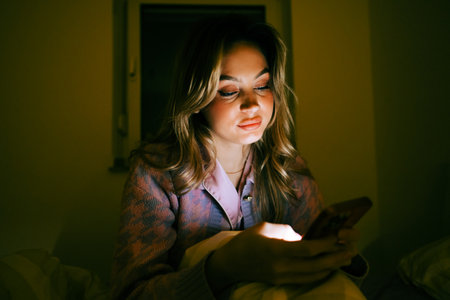 Young caucasian woman using smartphone, sitting on a bed at home in the evening.の写真素材