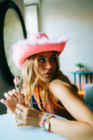 Young attractive caucasian woman holding beauty brush. make up, beauty treatmentの写真素材
