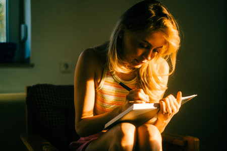 Caucasian woman making notes at home in sunset light.の写真素材