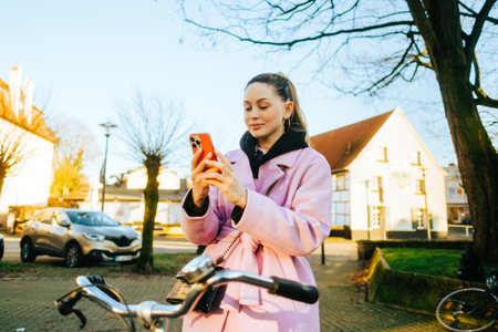 Young attractive caucasian woman using mobile phone, ride on bicycle in the city street.の写真素材
