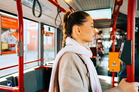 An attractive caucasian woman riding in a bus in the sunny day. Young beautiful woman using public transportation.の写真素材