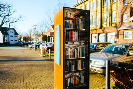 Free open public library at city street for book sharing among readersのeditorial素材
