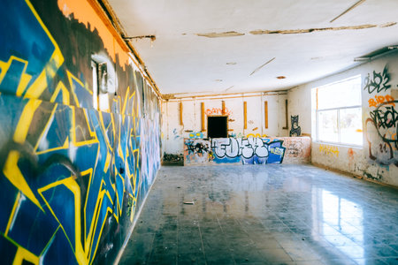 Background of an abandoned building with graffiti on the wallsのeditorial素材