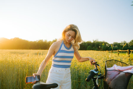 Portrait of young attractive woman with bike at the countryside field in sunset.の写真素材