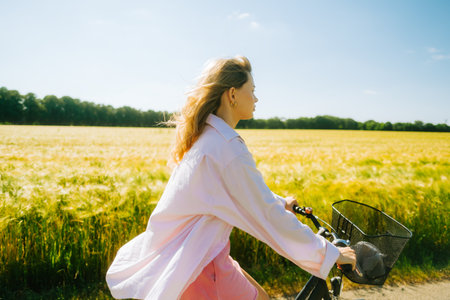 Young caucasian woman with blond hair riding among agricultural fields in countryside in summer day.の写真素材