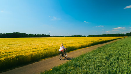 Aerial drone shot of young woman cyclist riding down beautiful countryside road between agricultural fields on sunny summer day. healthy lifestyleの写真素材