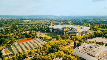 Aerial shot of football stadium BVB Borussia, Signal Iduna Park in Dortmund, Germany.のeditorial素材