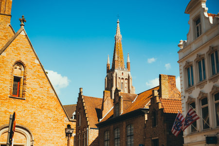 Church of Our Lady tower in historical center of Bruges, Belgium.の写真素材
