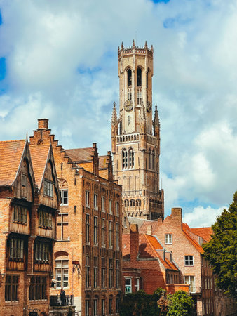 The Belfry Tower, Belfort of Bruges, medieval bell tower in the historical center of Bruges, Belgium.の写真素材