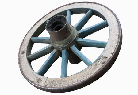 Old wagon wheel isolated on white background.の写真素材