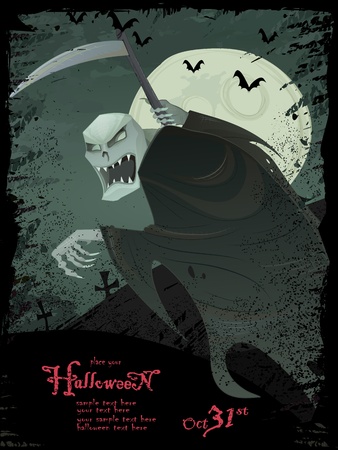 Vector Halloween grunge template with scary grim reaper, bats, graveyard, bugs and copyspaceのイラスト素材