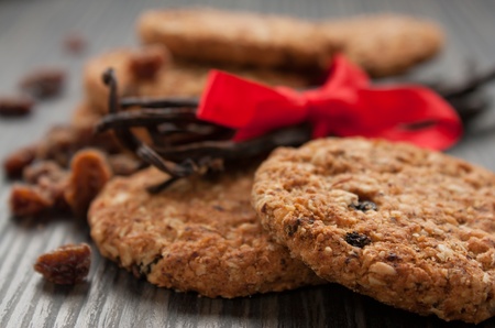 Pile of wholegrain cookies with raisins and nuts.の写真素材