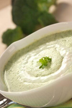 Rich vegetable broccoli soup with cream garnishの写真素材