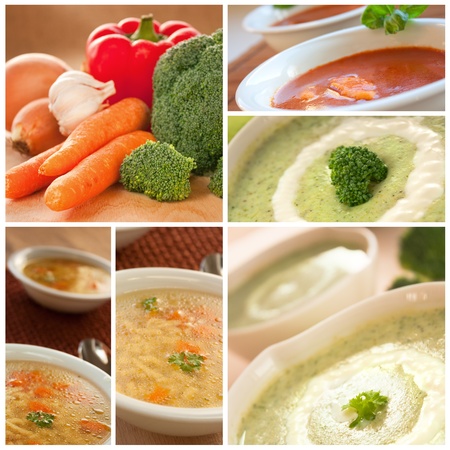 Collection of vegetable soup including tomato,  broccoli  and noodle soup.の写真素材
