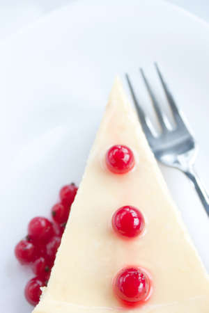 Cheese cake with cranberries on a white plate